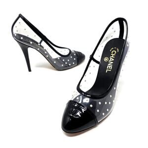 Chanel Cap Toe Black White Pearl Clear Logo Heels Patent Leather Pumps 39.5